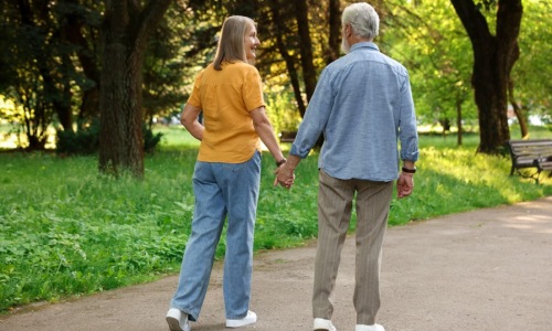 Senior couple holding hands walking on tree-lined park path